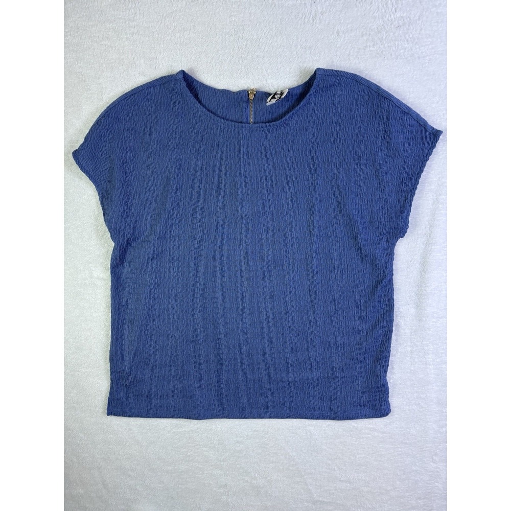 Anne Klein Textured Blue Blouse Zip Back Cap Sleeve Top Women's Large Casual